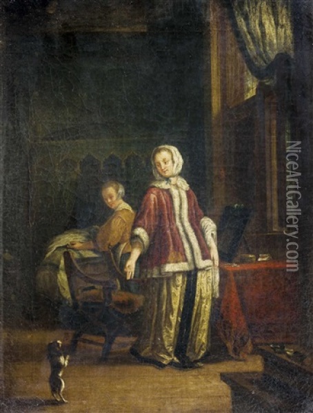 Zwei Bilder: A) Dame Und Zofe Beobachten Hundchen B) Interieur Mit Muschelesser (2 Works) Oil Painting - Frans van Mieris the Elder