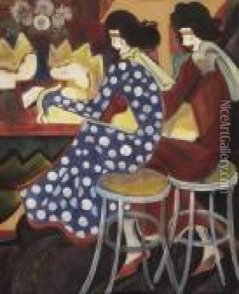 Zwei Frauen An Einer Bar Sitzend Oil Painting - Hugo Scheiber