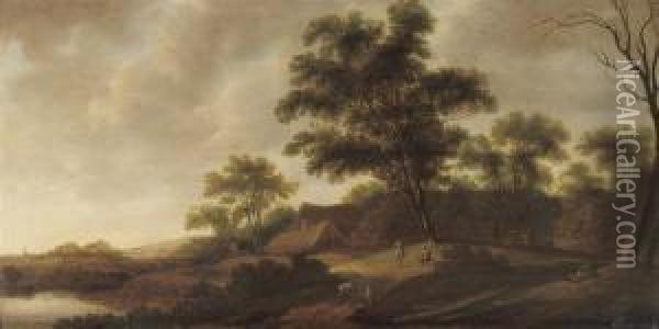 A Wooded River Landscape With Figures On A Track Oil Painting - Pieter Jansz. van Asch