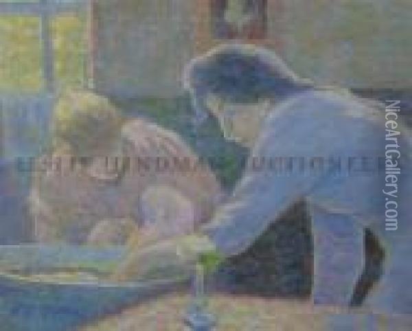 Two Women Bathing Baby Oil Painting - Theodore Butler