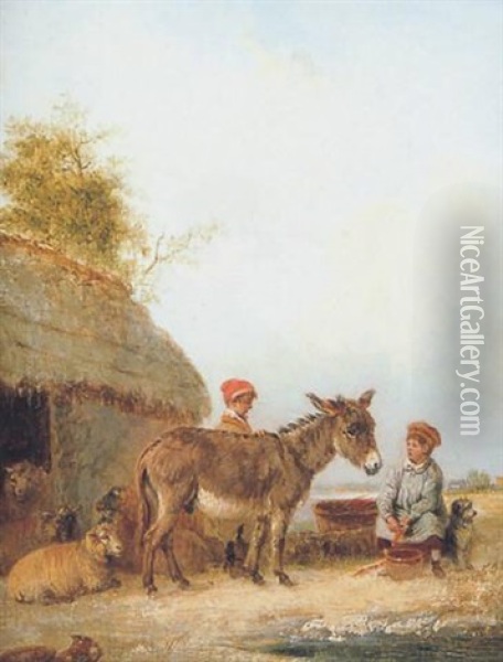 Preparing Carrots For The Donkey, With Sheep And A Dog In A Landscape Oil Painting - Edmund Bristow