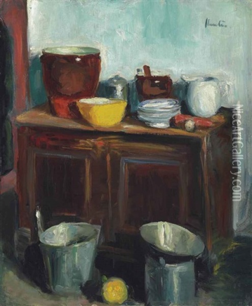 Kitchen Utensils Oil Painting - George Leslie Hunter