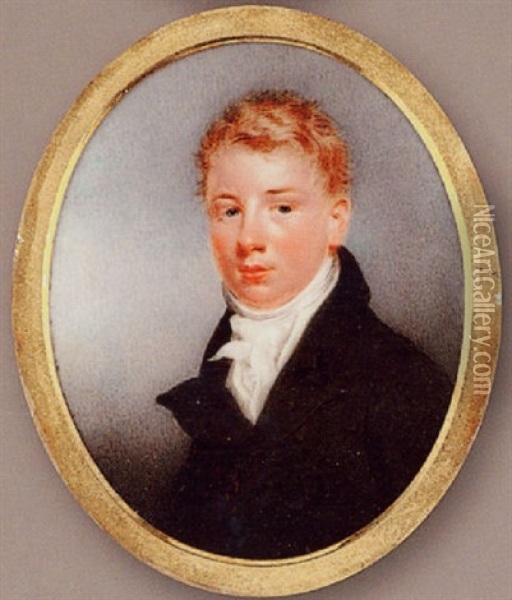 A Young Gentleman, Wearing Dark Green Coat, Cream Waistcoat And Tied White Cravat Oil Painting - Thomas Hargreaves