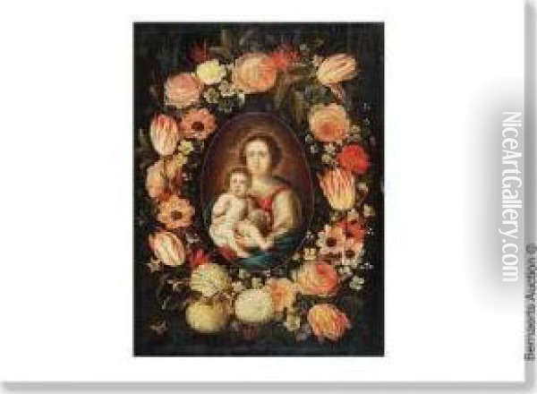 Entourage. La Vierge Entouree D'une Couronne De Fleurs. Oil Painting - Balthazar Van Der Ast