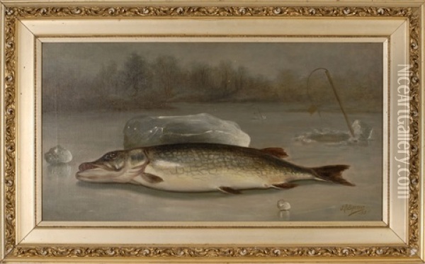 Ice Fishing Scene, Fresh Pike Oil Painting - John Clinton Spencer