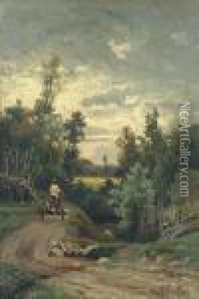 Peasant Driving A Telega Through The Countryside Oil Painting - Efim Efimovich Volkov