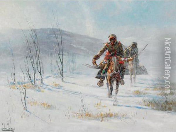 Indians In A Blizzard Oil Painting - John Innes