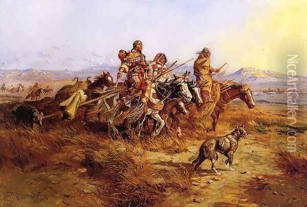 Indian Women Moving Oil Painting - Charles Marion Russell
