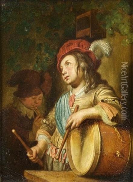 A Man Holding A Large Roemer (+ Boys Playing The Flute And Drum; Pair) Oil Painting - Frans van Mieris the Elder