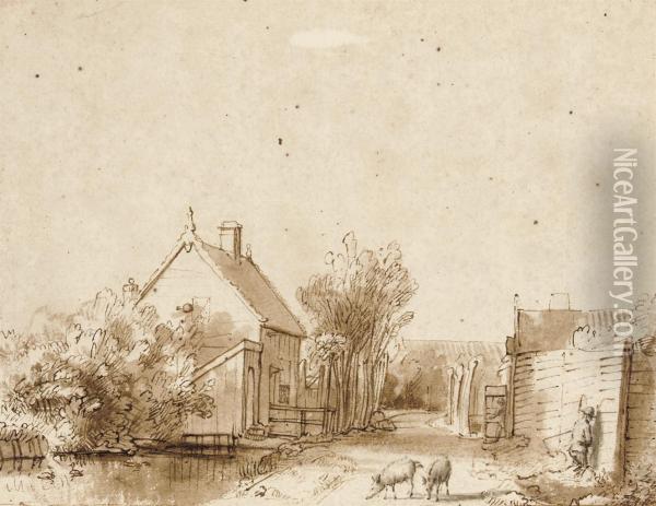 A Village Street With A Duck Pond, Two Pigs And A Peasant Oil Painting - Abraham Furnerius