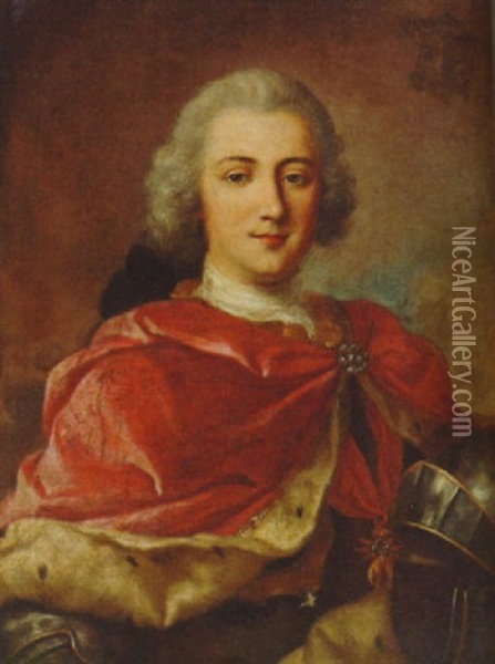 Portrait Of A Nobleman In Armour With An Ermine-lined Crimson Cloak, With The Order Of The Golden Fleece Oil Painting - Jean Marc Nattier