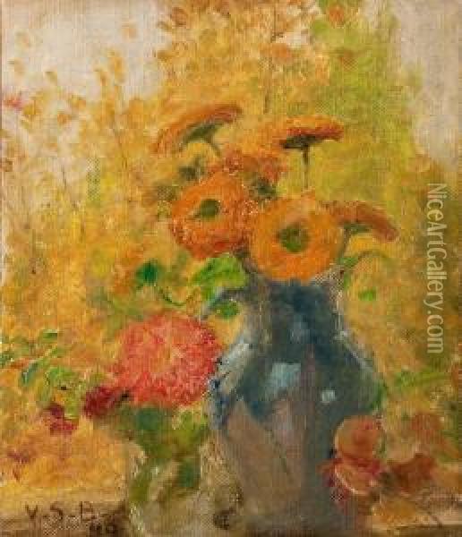 Flowers In A Blue Vase Oil Painting - Venny Soldan-Brofelt