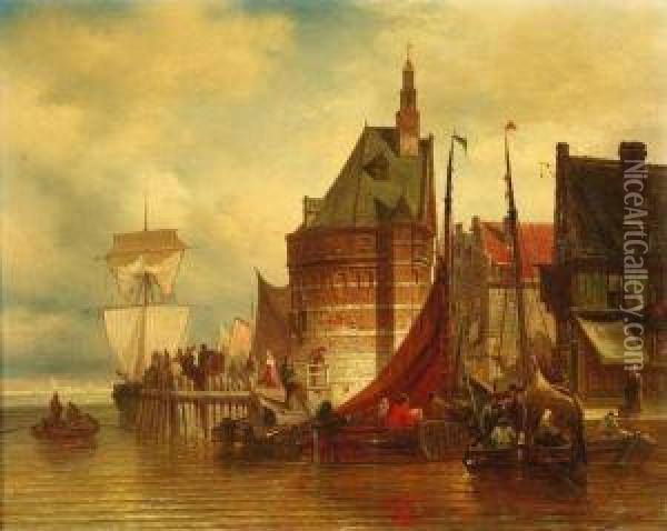 Reges Treiben An Der Bootsanlegestelle Eines Hollandischen Stadtchens Oil Painting - Elias Pieter van Bommel