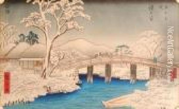 Figures Crossing Bridge In A Snow Laden Landscape Oil Painting - Utagawa or Ando Hiroshige