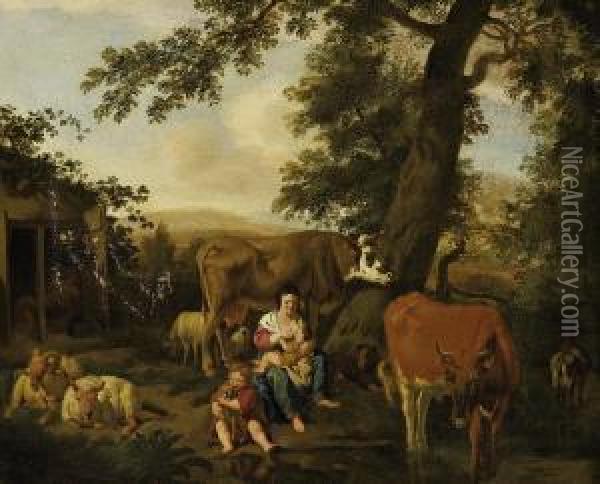Farmer's Wife Breastfeeding Amongst Acattle Herd Oil Painting - Dirk van Bergen