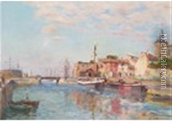 View Of A French Port Oil Painting - Edmond Marie Petitjean