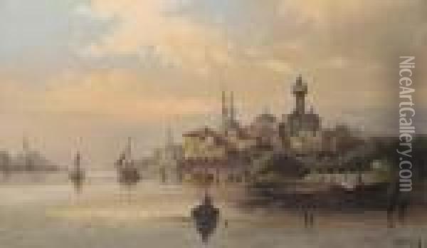 Trading Vessels On The Bosphorous At Dusk, Istanbul; And Two Others, Similar Oil Painting - Karl Kaufmann