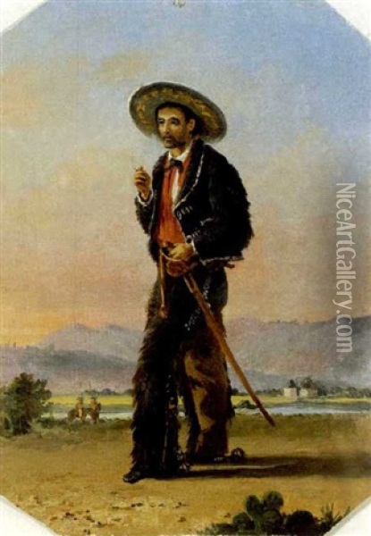 Mexican Cowboy Smoking A Cigarette In An Extensive Landscape Oil Painting - Conrad Wise Chapman