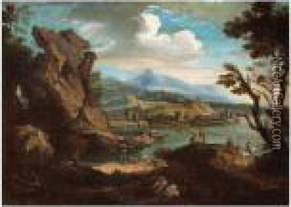 A Mountainous Landscape With Figures By A Lake Oil Painting - Jacob De Heusch