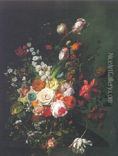 Still Life Of Various Flowers Upon A Stone Ledge Oil Painting - Rachel Ruysch