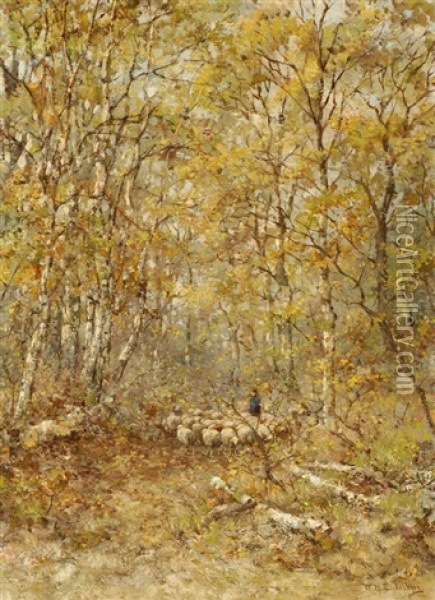 Shepherd With His Sheep In A Birch Forest Oil Painting - Willem Hendrick Eickelberg