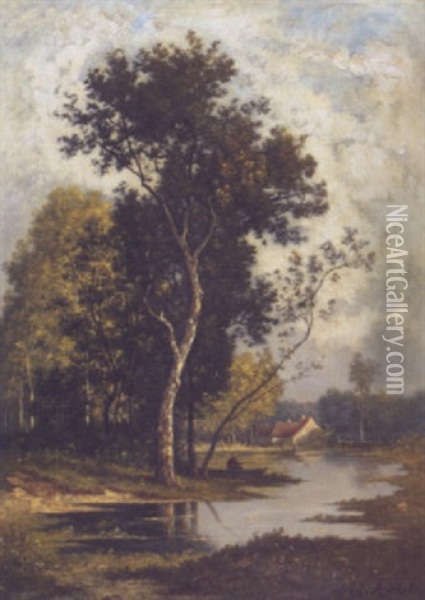 Landschaft Mit Teich Und Fischer Oil Painting - Leon Richet