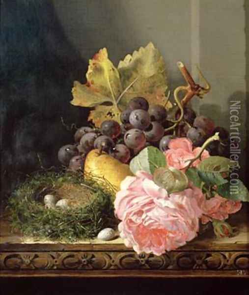Still life roses fruit and birds nest Oil Painting - Edward Ladell