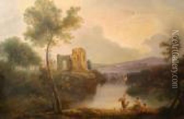A Classical Landscape With Figures Gathered Around A Flautist, A Ruin Beyond Oil Painting - Richard Wilson