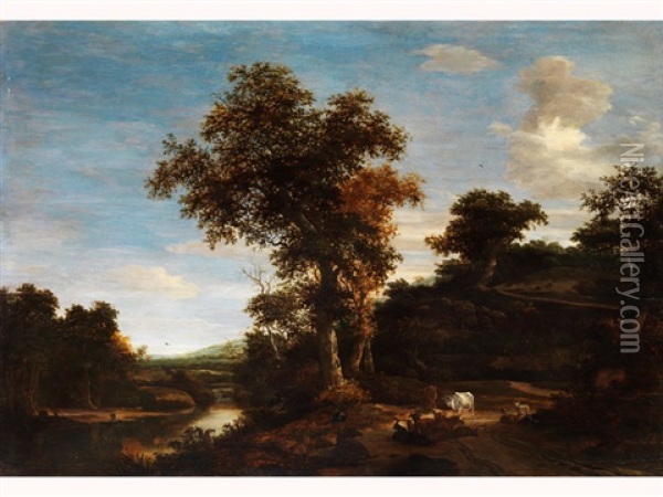 Baumlandschaft Mit Am Ufer Schlafenden Hirten, Neben Kuhen Und Ziegen Oil Painting - Jacob Salomonsz van Ruysdael