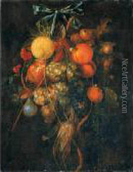 A Swag Of Grapes, Oranges, Figs, Cherries And Other Fruits Suspended By A Blue Ribbon Oil Painting - Cornelis De Heem