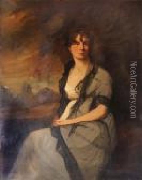 Length Portrait Of A Lady Seated Wearing A Green And Blacklace Dress Oil Painting - Sir Joshua Reynolds