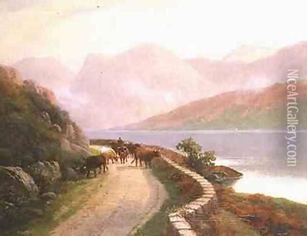 Drover with Cows by Lake Buttermere Evening Oil Painting - H.R. Hall