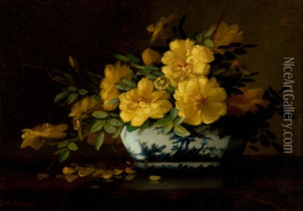 Still Life Of Yellow Roses In An Oriental Vase Oil Painting - George W. Seavey