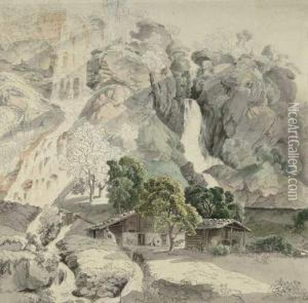 Die Giessbachfalle Im Berner Oberland. Verso: Gebirgslandschaft. 1821 Oil Painting - Friedrich Salathe