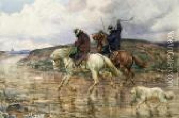 Due Butteri A Cavallo Con Roma In Lontananza Oil Painting - Enrico Coleman