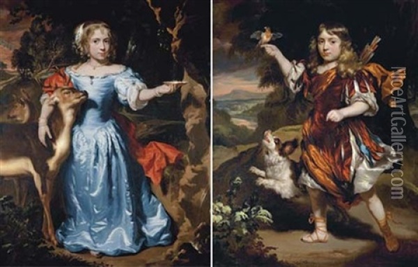 Portrait Of A Girl As Granida, In A Blue Silk Dress And Red Mantle (+ Portrait Of A Boy, As Daifilo, In A Red Surcoat Over A Silver Robe; Pair) Oil Painting - Nicolaes Maes