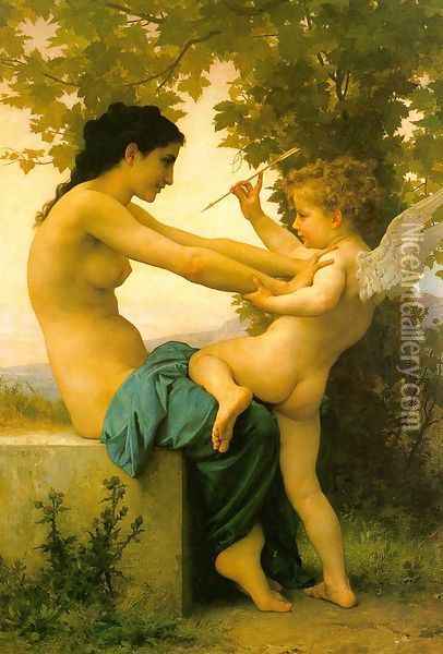 Young Girl Defending Herself against Eros 1880 Oil Painting - William-Adolphe Bouguereau