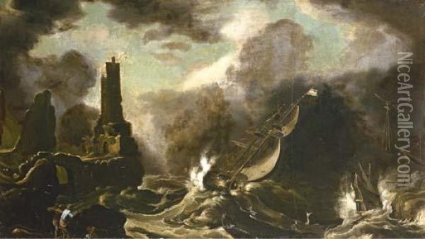 A Stormy Seascape With Jonah And The Whale Oil Painting - Agostino Tassi