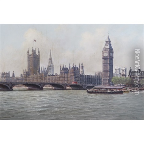 On The Thames Before Westminster Oil Painting - Jacobus Leonardus Van Der Meide