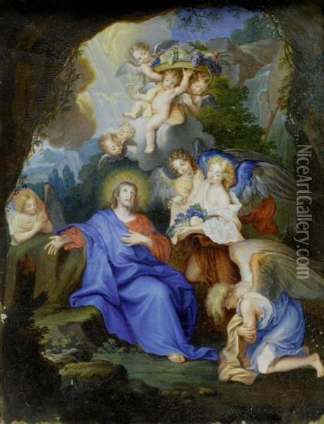 Christ In The Desert Served By Angels Oil Painting - Charles-Antoine Coypel