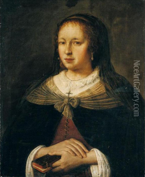 Portrait Of A Lady, Half Length, Wearing Black, Holding A Book Oil Painting - Jan Victors