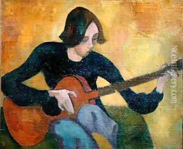 Nina Hamnett 1890-1956 with Guitar Oil Painting - Roger Eliot Fry