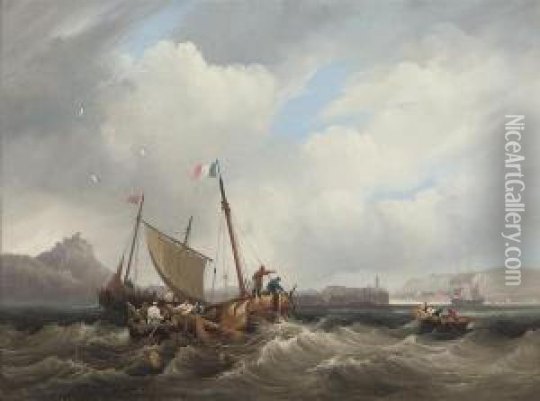 Lobstermen Hauling In Their Pots Off A French Port Oil Painting - Frederick Calvert