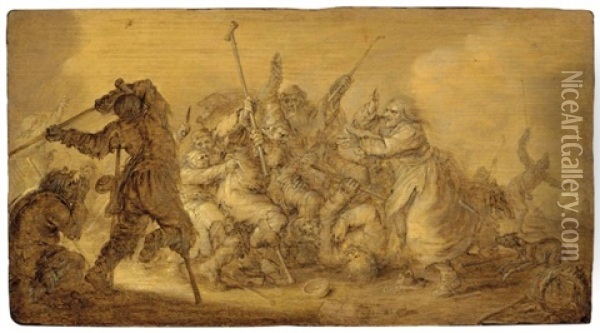 Fighting Beggars - En Brunaille Oil Painting - Adriaen Pietersz van de Venne