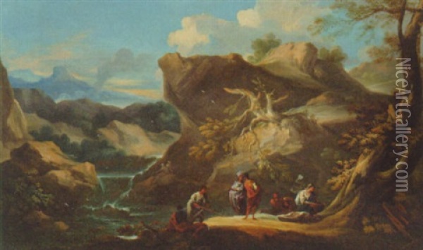 An Italianate Landscape With Fishermen And Washerwomen At A Pool Oil Painting - Gaspard Dughet