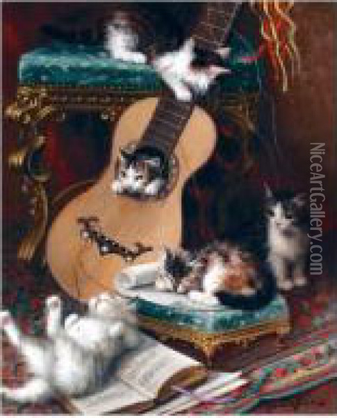 Kittens At Play Oil Painting - Jules Le Roy