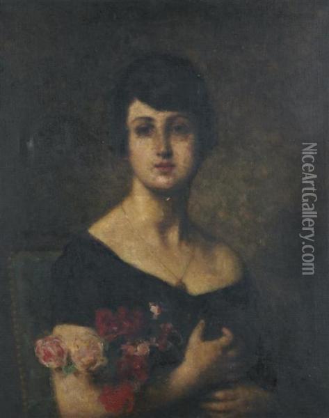 Portrait De Femme Tenant Un Bouquet De Roses Sous Son Bras Droit Oil Painting - Alexei Alexeivich Harlamoff