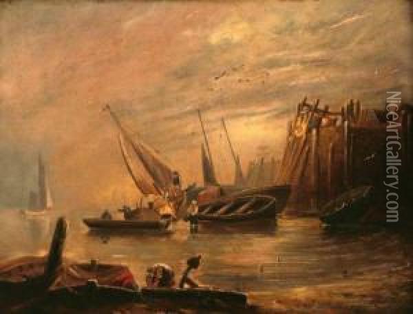 Harbour Scene With Figures And Boats Oil Painting - Alfred George Stannard