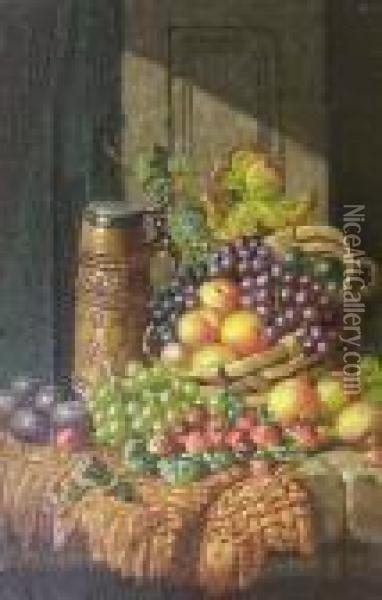 Still Life, Fruit In A Basket On A Ledge Oil Painting - Charles Thomas Bale