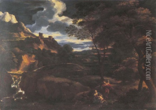 An Extensive Italianate Landscape With The Rest On The Flight Into Egypt Oil Painting - Gaspard Dughet